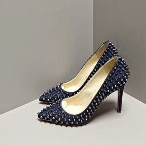 Christian Louboutin Navy Studded Pointed-Toe Pumps